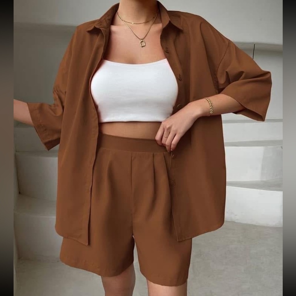 Brown Button Down Shirt and High-Waist Tailored Shorts Matching Set